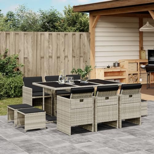 Homgoday 11-TLG. Garten-Essgruppe mit Kissen Hellgrau Poly Rattan Gartenmöbel Set Möbelsets Terrassenmöbel Balkonmöbel Gartentisch mit Stühle Möbel Sitzgruppe für Balkon Terrasse Garten von Homgoday