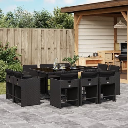 Homgoday 11-TLG. Garten-Essgruppe mit Kissen Schwarz Poly Rattan Garten-Esstisch und Stühle Model3211207 von Homgoday