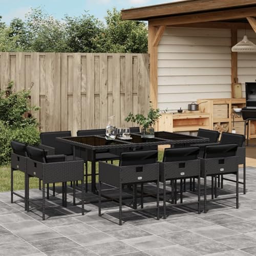 Homgoday 11-TLG. Garten-Essgruppe mit Kissen Schwarz Poly Rattan Garten-Esstisch und Stühle Model3211387 von Homgoday