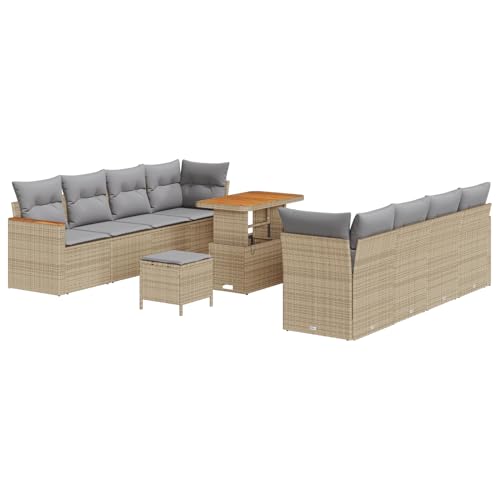 Homgoday 11-TLG. Garten-Sofagarnitur mit Kissen Beige Poly Rattan Akazie Lounge Möbel Outdoor von Homgoday