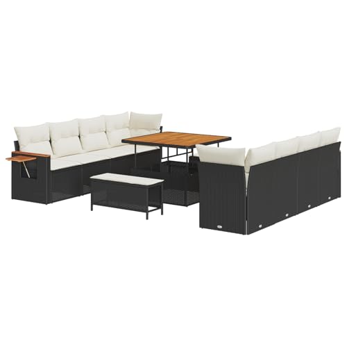 Homgoday 11-teiliges Garten-Sofa-Set mit Kissen, Schwarz Poly-Rattan Akazie, 3-teiliges Garten-Dining-Set mit Kissen, Schwarz Poly-Rattan Akazie Outdoor M?Bel mit Sessel Model3363155 von Homgoday