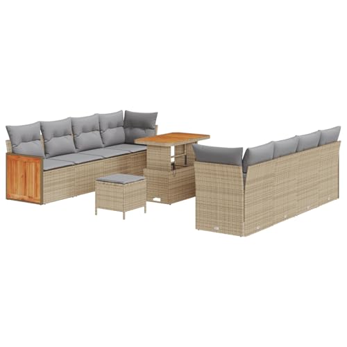 Homgoday 11-teiliges Garten Sofa Set mit Kissen Beige Poly Rattan Akazie Lounge Möbel Outdoor von Homgoday
