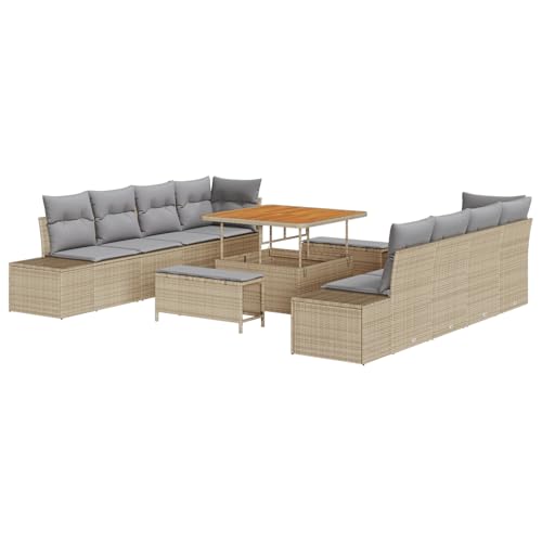 Homgoday 11-teiliges Garten Sofa Set mit Kissen Beige Poly Rattan Akazie Lounge Möbel Outdoor von Homgoday