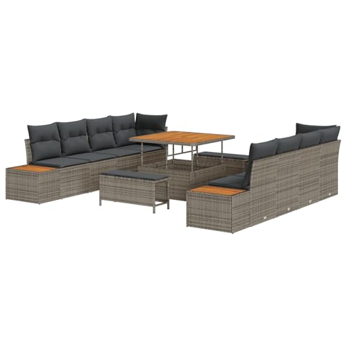Homgoday 11-teiliges Garten-Sofa-Set mit Kissen Grau Poly-Rattan Akazie Lounge Möbel Outdoor von Homgoday
