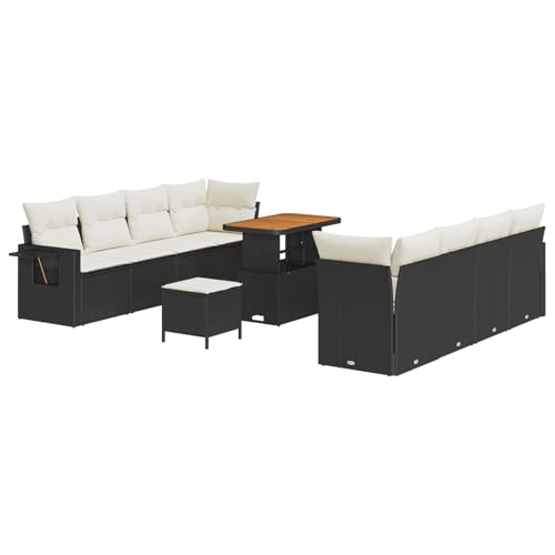 Homgoday 11-teiliges Garten Sofa Set mit Kissen Schwarz Poly Rattan Akazie, 3-teiliges Garten Essset mit Kissen Schwarz Poly Rattan Akazie Outdoor M?Bel mit Sessel Model3363670 von Homgoday