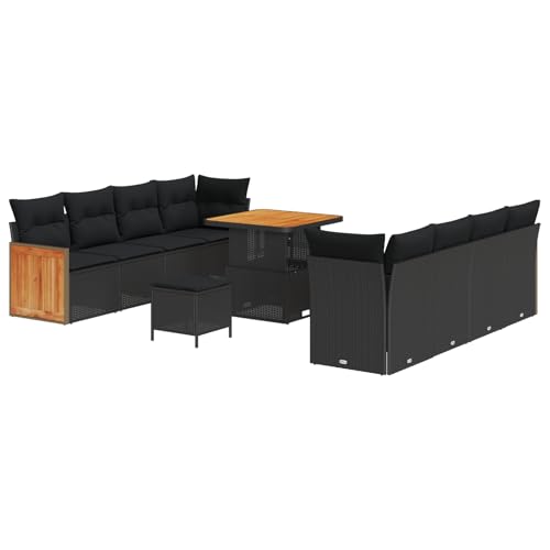 Homgoday 11-teiliges Garten-Sofa-Set mit Kissen Schwarz Poly Rattan Akazie, 3-teiliges Garten-Esszimmer-Set mit Kissen Schwarz Poly Rattan Akazie Outdoor M?Bel mit Sessel Model3365224 von Homgoday