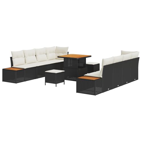 Homgoday 11-teiliges Garten Sofa Set mit Kissen Schwarz Poly Rattan Akazie Lounge Möbel Outdoor von Homgoday