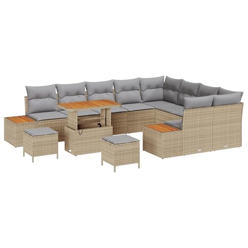 Homgoday 12-teiliges Garten Sofa Set mit Kissen Beige Poly-Rattan Akazie Lounge Möbel Outdoor von Homgoday