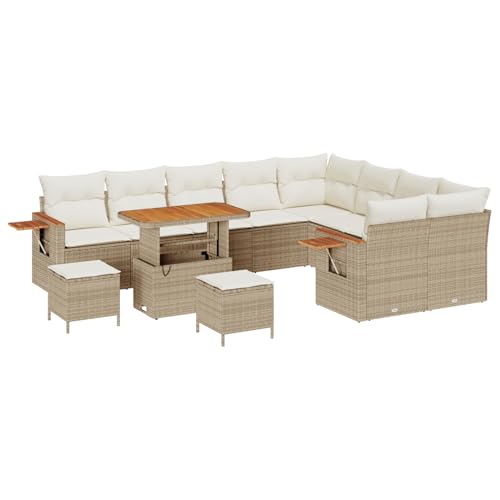 Homgoday 12-teiliges Garten Sofa Set mit Kissen Beige Poly Rattan Akazie Lounge Möbel Outdoor von Homgoday