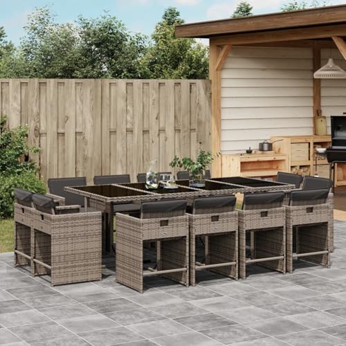 Homgoday 13-TLG. Garten-Essgruppe mit Kissen Grau Poly Rattan Garten-Esstisch und Stühle Model3211220 von Homgoday