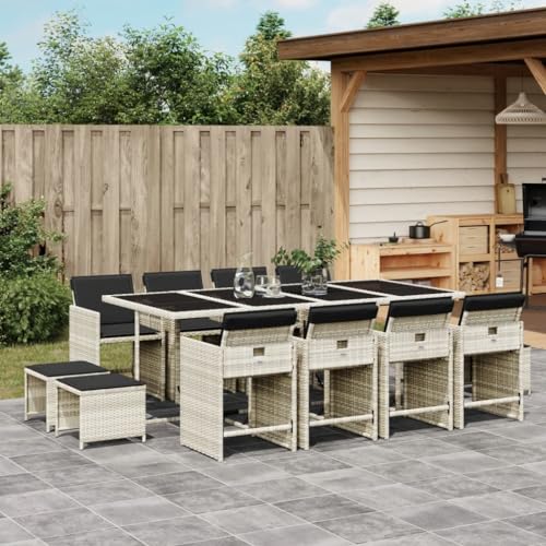 Homgoday 13-TLG. Garten-Essgruppe mit Kissen Hellgrau Poly Rattan Gartenmöbel Set Möbelsets Balkonmöbel Terrassenmöbel Gartentisch mit Stühle Möbel Sitzgruppe für Balkon Garten Terrasse von Homgoday