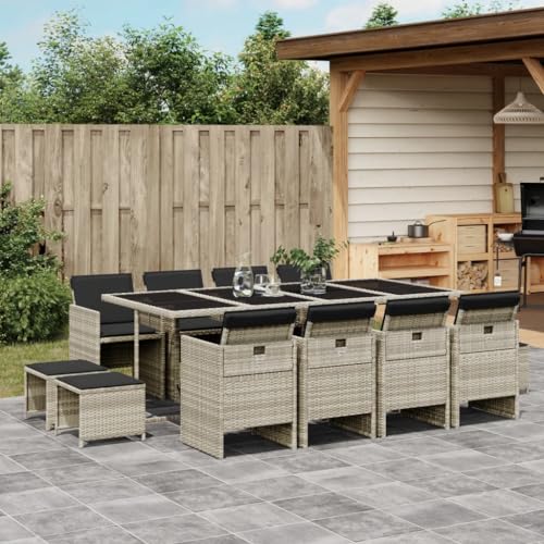 Homgoday 13-TLG. Garten-Essgruppe mit Kissen Hellgrau Poly Rattan Gartenmöbel Set Möbelsets Balkonmöbel Terrassenmöbel Gartentisch mit Stühle Möbel Sitzgruppe für Balkon Terrasse Garten von Homgoday