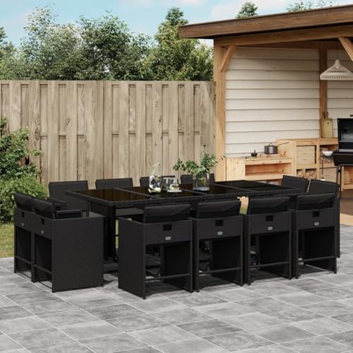 Homgoday 13-TLG. Garten-Essgruppe mit Kissen Schwarz Poly Rattan Garten-Esstisch und Stühle Model3211219 von Homgoday