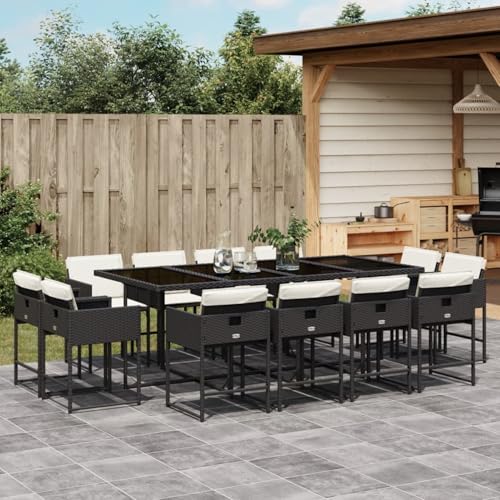 Homgoday 13-TLG. Garten-Essgruppe mit Kissen Schwarz Poly Rattan Garten-Esstisch und Stühle Model3211398 von Homgoday