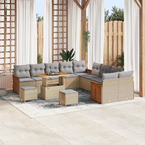 Homgoday 13-teilige Garten-Sofa-Set mit Kissen Beige Poly-Rattan Akazie Lounge Möbel Outdoor von Homgoday