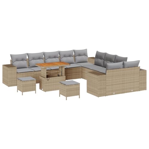 Homgoday 13-teiliges Garten-Sofa-Set mit Kissen Beige Poly-Rattan Akazie Lounge Möbel Outdoor von Homgoday