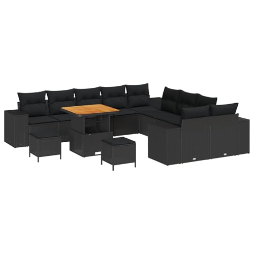 Homgoday 13-teiliges Garten-Sofa-Set mit Kissen Schwarz Poly-Rattan Akazie, 3-teiliges Garten-ESS-Set mit Kissen Schwarz Poly-Rattan Akazie Outdoor M?Bel mit Sessel Model3364009 von Homgoday