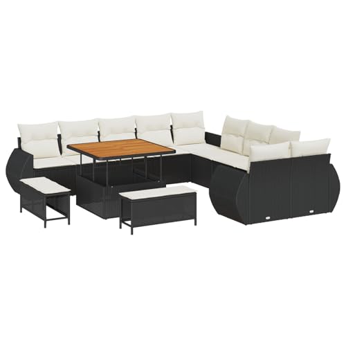 Homgoday 13-teiliges Garten-Sofa-Set mit Kissen in Schwarz Poly Rattan Akazie, 3-teiliges Garten-Essgruppe mit Kissen in Schwarz Poly Rattan Akazie Outdoor M?Bel mit Sessel Model3363875 von Homgoday