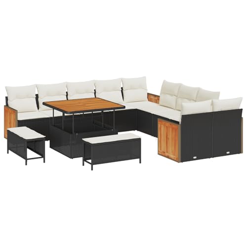 Homgoday 13-teiliges Gartensofa Set mit Kissen Schwarz Poly Rattan Akazie Lounge Möbel Outdoor von Homgoday