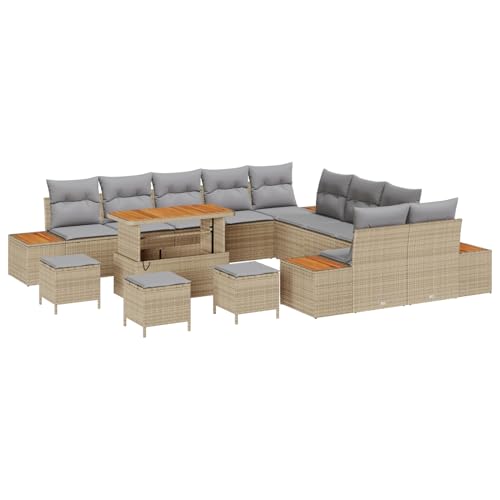 Homgoday 14-teiliges Garten Sofa Set mit Kissen Beige Poly Rattan Akazie Lounge Möbel Outdoor von Homgoday
