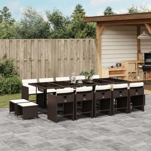 Homgoday 15-TLG. Garten-Essgruppe mit Kissen Braun Poly Rattan Gartenmöbel Set Möbelsets Balkonmöbel Terrassenmöbel Gartentisch mit Stühle Möbel Sitzgruppe für Balkon Terrasse Garten von Homgoday