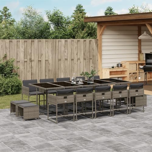 Homgoday 15-TLG. Garten-Essgruppe mit Kissen Grau Poly Rattan Gartenmöbel Set Möbelsets Balkonmöbel Terrassenmöbel Gartentisch mit Stühle Sitzgruppe Möbel für Terrasse Garten Balkon von Homgoday