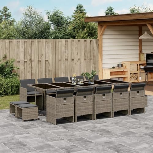 Homgoday 15-TLG. Garten-Essgruppe mit Kissen Grau Poly Rattan Gartenmöbel Set Möbelsets Terrassenmöbel Balkonmöbel Gartentisch mit Stühle Möbel Sitzgruppe für Garten Terrasse Balkon von Homgoday