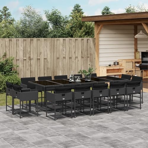 Homgoday 15-TLG. Garten-Essgruppe mit Kissen Schwarz Poly Rattan Garten-Esstisch und Stühle Model3211411 von Homgoday