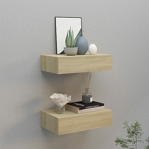 Homgoday 2 STK. Wand-Schubladenregal Wandschublade Hängeregal Wandschrank Wandboard Wandregal Schweberegal mit Schubladen für Schlafzimmer Wohnzimmer Büro Eichenoptik 40x23,5x10 cm MDF von Homgoday