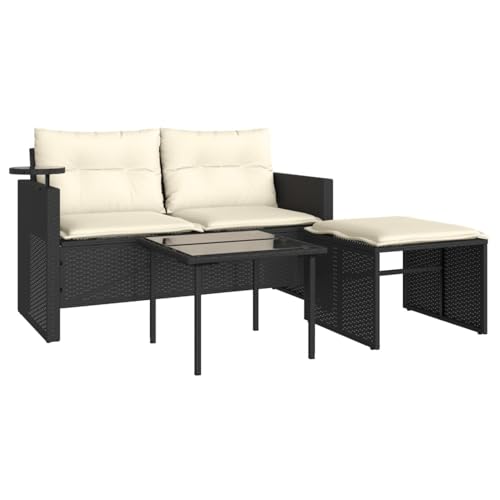 Homgoday 3-TLG. Garten-Sofagarnitur mit Kissen Gartenlounge Gartenmöbel Gartensofa Set Balkonmöbel Loungemöbel Sitzgruppe für Balkon Terrasse Schwarz und Creme Poly Rattan von Homgoday
