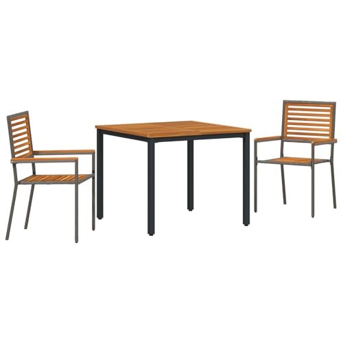 Homgoday 3-teilige Garten Essgruppe Grau Poly-Rattan Akazie, Stapelbare Gartenstühle mit Kissen 2 Stück Grau Poly-Rattan, Gartentisch 90x90x75 cm Aus solidem Akazienholz und Metall Outdoor M?bel mit S von Homgoday