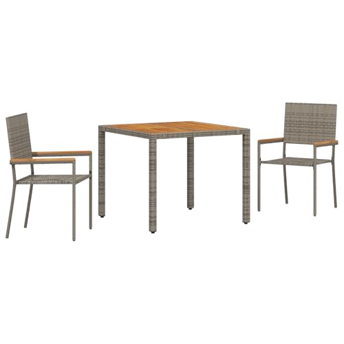 Homgoday 3-teilige Garten Essgruppe Graues Poly Rattan, Stapelbare Gartenstühle mit Kissen 2 Stück Graues Poly Rattan Outdoor M?Bel mit Sessel Model3365403 von Homgoday