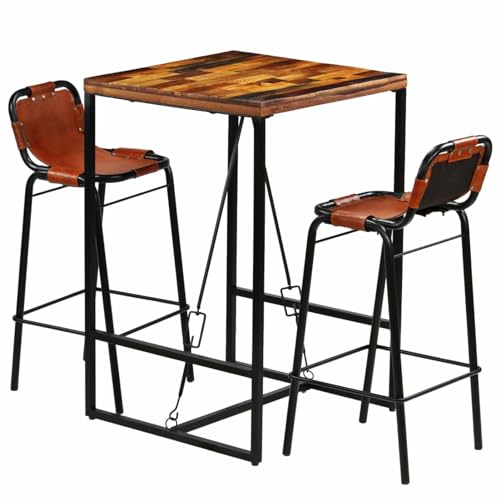 Homgoday 3-teiliges Bar-Set aus Massivholz und echtem Ziegenleder, Gartenmöbel, Tisch und Stühle für den Außenbereich, Gartenmöbel-Set, Gartenmöbel-Set von Homgoday