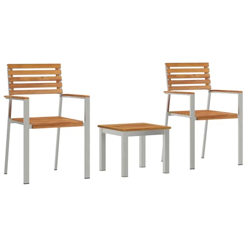 Homgoday 3-teiliges Garten Essgruppe Massivholz Teak, Stapelbare Gartenstühle 2 Stück Massivholz Teak und Stahl Outdoor M?Bel mit Sessel Model3334845 von Homgoday