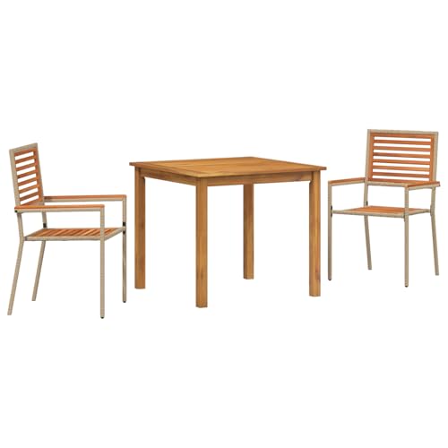 Homgoday 3-teiliges Garten-Essset Beige Poly Rattan Akazie, Stapelbare Gartenstühle mit Kissen - 2er Set in Beige Poly Rattan Outdoor M?Bel mit Sessel Model3365513 von Homgoday