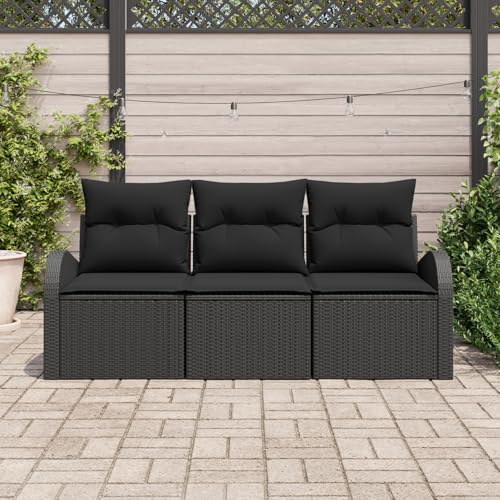 Homgoday 3-teiliges Garten-Sofa-Set mit Kissen Schwarz Poly Rattan, 2-Sitzer Garten-Sofa mit Stauraum & Kissen Schwarz Poly Rattan Sofa Im Freien Model3354572 von Homgoday