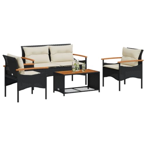 Homgoday 4-TLG. Balkonmöbel mit Kissen Gartenlounge Gartenmöbel Set Gartensofa Modular Sofagarnitur Ecksofa Loungemöbel Sitzgruppe für Balkon Terrasse Schwarz Poly Rattan von Homgoday