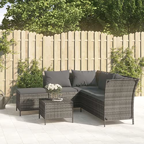 Homgoday 4-TLG. Garten-Lounge-Set mit Kissen Gartenlounge Sofa Mit Stauraum Balkon Lounge Sofa Ecksofa Garten Sitzgruppe Gartenmöbel Set Balkonmöbel Grau Poly Rattan von Homgoday