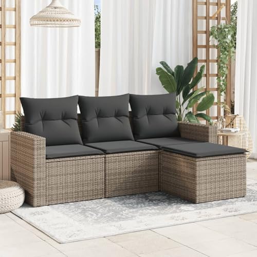 Homgoday 4-TLG. Garten-Sofagarnitur mit Kissen Gartenlounge Sofa Mit Stauraum Balkonsofa Balkonmöbel Gartensofa Set Lounge Sofa Ecksofa Garten Sitzgruppe Gartenmöbel Set Grau Poly Rattan von Homgoday
