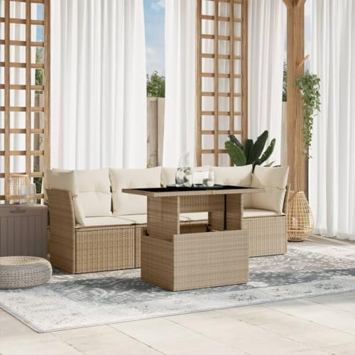 Homgoday 5-TLG. Garten-Sofagarnitur mit Kissen Gartenmöbel Gartenlounge Gartensofa Set Loungemöbel Balkonmöbel Sitzgruppe für Balkon Terrasse Beige und Creme Poly Rattan von Homgoday