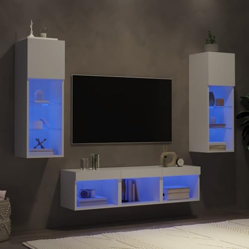 Homgoday 5-TLG. Wohnwand mit LED-Beleuchtung Weiß Holzwerkstoff Medienkabinett Model3216597 von Homgoday