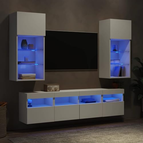 Homgoday 5-TLG. Wohnwand mit LED-Beleuchtung Weiß Holzwerkstoff Medienkabinett Model3216743 von Homgoday