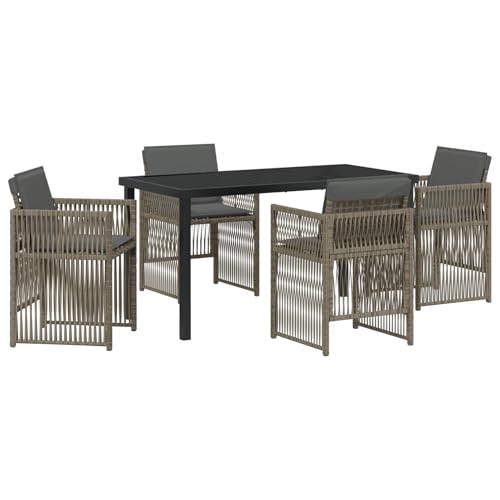 Homgoday 5-Teiliges Garten Esstisch Set mit Kissen Grau Poly Rattan, Gartentisch Schwarz 140x80x73 cm Tempered Glas Outdoor M?Bel mit Sessel Model3380654 von Homgoday