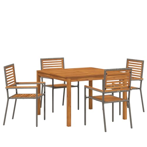 Homgoday 5-teilige Garten Essgruppe Grau Poly-Rattan Akazie, Stapelbare Gartenstühle mit Kissen 2 STK. Grau Poly-Rattan Outdoor M?Bel mit Sessel Model3365533 von Homgoday