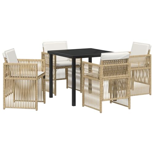 Homgoday 5-teilige Garten Essgruppe mit Kissen Beige Poly Rattan, Gartentisch Schwarz 80x80x73 cm GEH?rtetes Glas Outdoor M?Bel mit Sessel Model3380661 von Homgoday