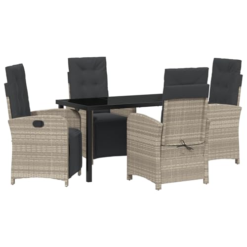 Homgoday 5-teilige Garten Essgruppe mit Kissen in Hellgrau aus Poly-Rattan, Gartentisch Schwarz 140x80x73 cm Sicherheitsglas Outdoor M?Bel mit Sessel Model3380346 von Homgoday