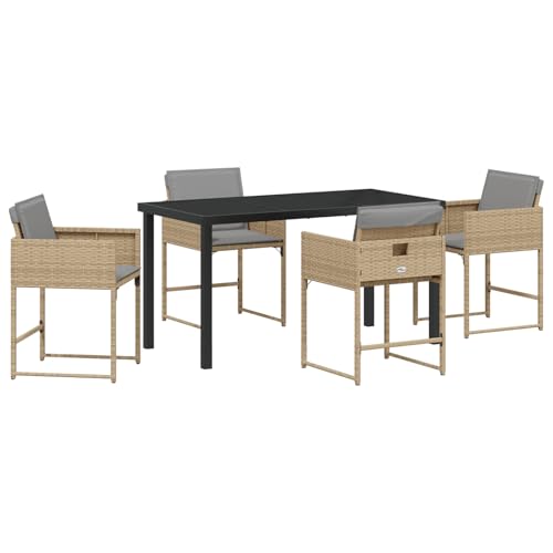 Homgoday 5-teiliges Garten-ESS-Set mit Kissen in Beige Poly Rattan, Gartentisch Schwarz 140x80x73 cm mit GEH?rtetem Glas Outdoor M?Bel mit Sessel Model3380738 von Homgoday