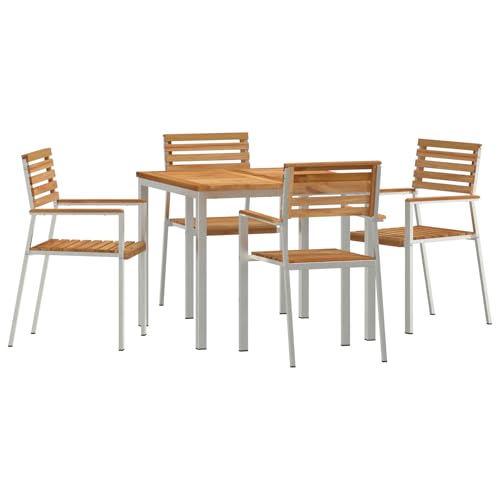 Homgoday 5-teiliges Garten-Essset aus massivem Teakholz, Outdoor Esstisch 90x90x74,5 cm aus massivem Teakholz, Stapelbare Gartenstühle 4 Stk. aus massivem Teakholz und Stahl Outdoor M?bel mit Sessel M von Homgoday