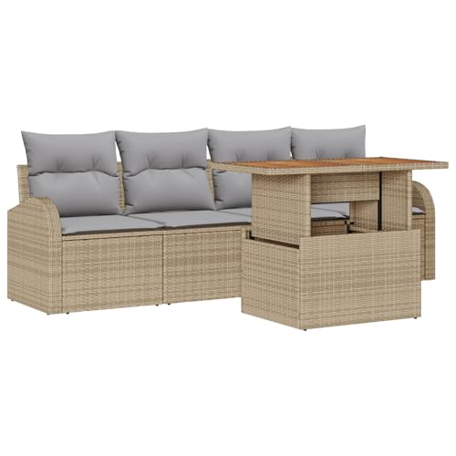 Homgoday 5-teiliges Garten Essset mit Kissen Beige Poly Rattan Akazie Outdoor M?Bel mit Sessel Model3349517 von Homgoday