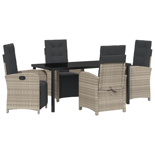 Homgoday 5-teiliges Garten Essset mit Kissen Hellgrau Poly Rattan, Gartentisch Schwarz 160x80x73 cm Tempered Glass Outdoor M?Bel mit Sessel Model3380347 von Homgoday